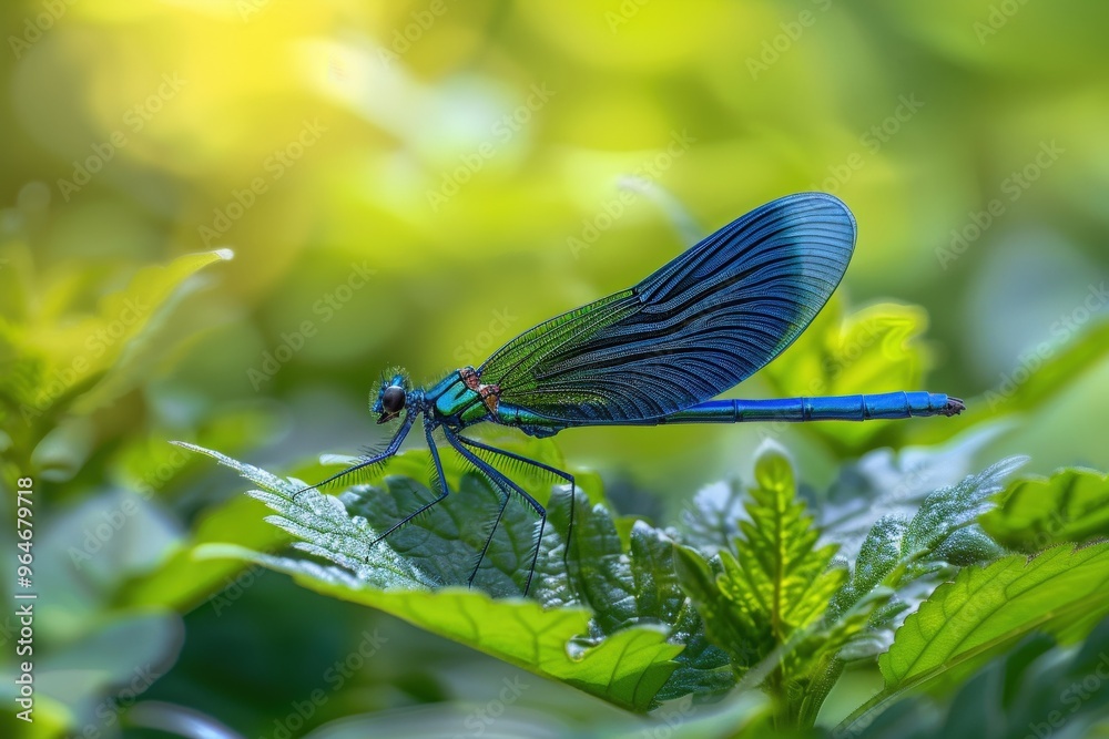 A blue-black dragonfly perches on a green leafy plant Surrounding background consists of lush green leaves. Beautiful simple AI generated image A blue-black dragonfly perches on a green leafy plant Surrounding background consists of lush green leaves. Beautiful simple AI generated image