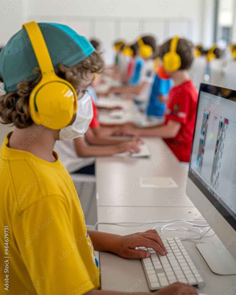 Diverse Group of Young Boys of Different Ethnicities Using Computers in a Bright Classroom During the Day, Wearing Yellow Headphones Diverse Group of Young Boys of Different Ethnicities Using Computers in a Bright Classroom During the Day, Wearing Yellow Headphones