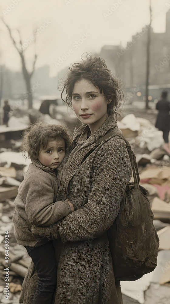 Young Woman with Child on Street During Great Depression Highlighting Poverty and Hardship Young Woman with Child on Street During Great Depression Highlighting Poverty and Hardship