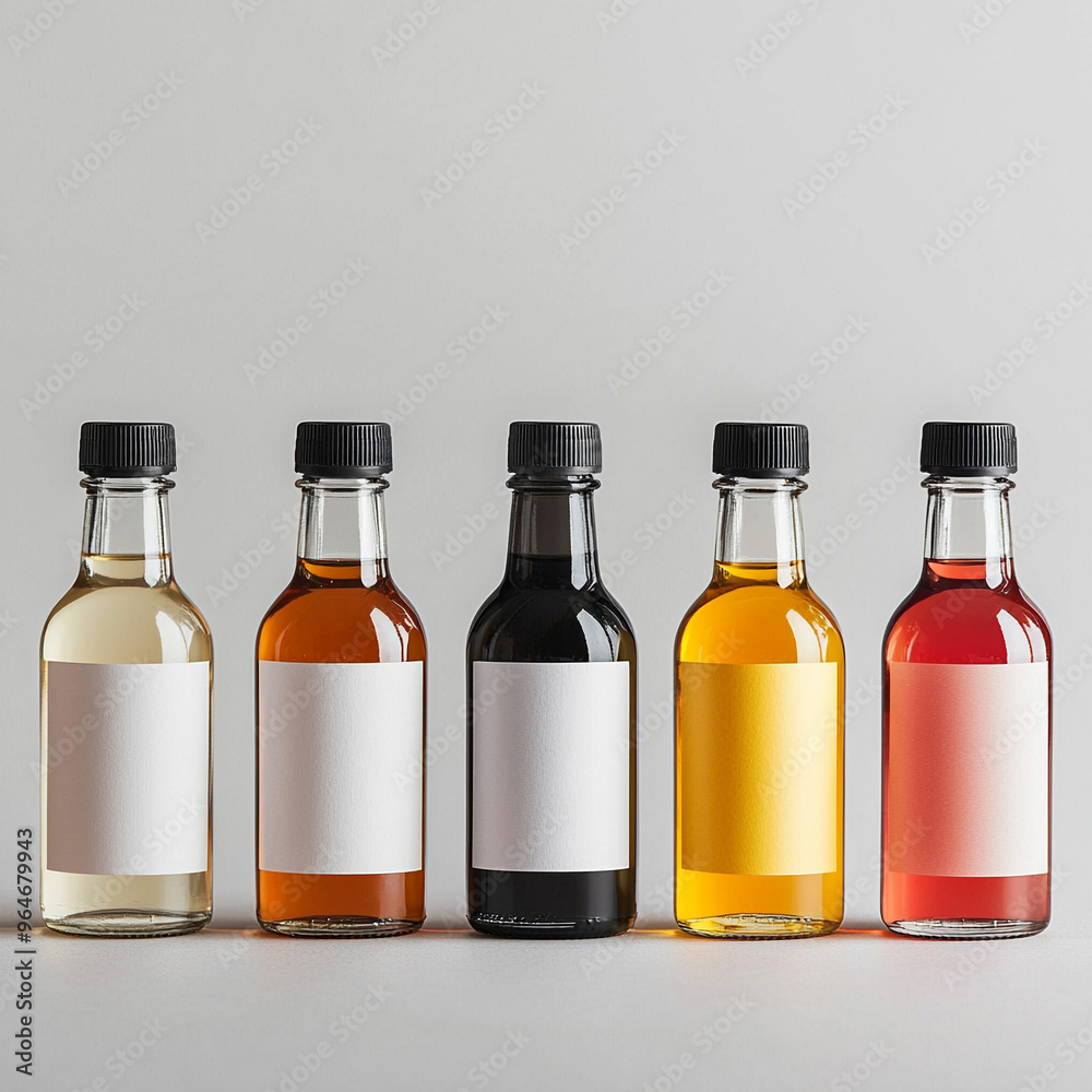 A row of five bottles of liquor, each with a different color and flavor