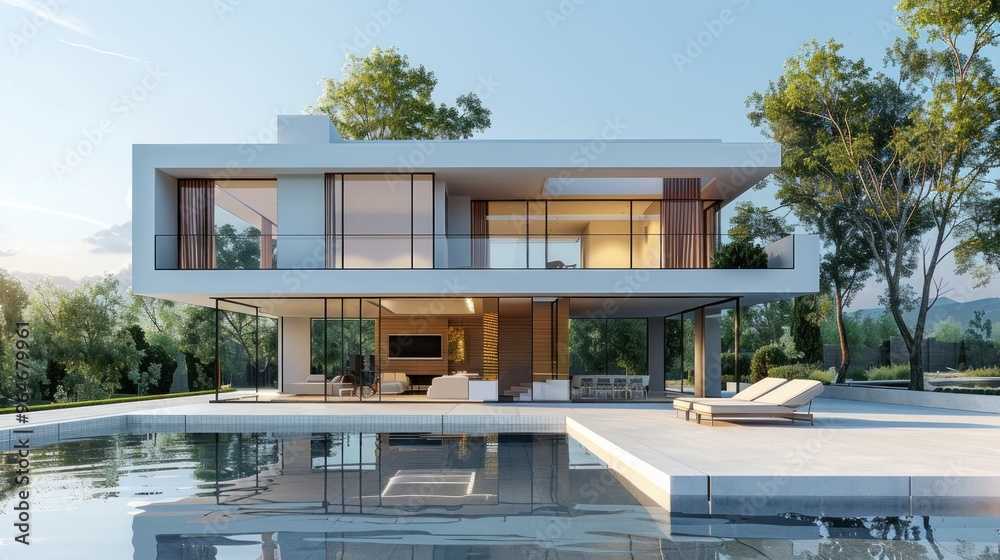 Fototapeta premium A modern house with wireframe overlay showing the architectural design, creating a creative and technical atmosphere.