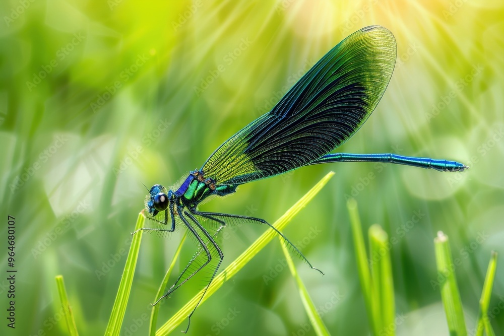 Solitary colorful dragoClose-up of a dragonfly sitting on a reednfly sitting on a green reed. Beautiful simple AI generated image Solitary colorful dragoClose-up of a dragonfly sitting on a reednfly sitting on a green reed. Beautiful simple AI generated image