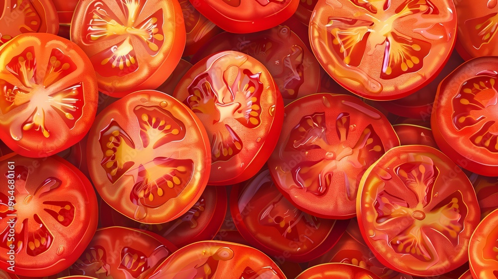 Tomatoes slices. Healthy food background. Vegetables for good healthy food. Fresh organic tomatoes slices. Vector illustration. Tomatoes slices. Healthy food background. Vegetables for good healthy food. Fresh organic tomatoes slices. Vector illustration.