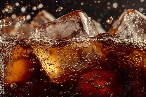 Cola with ice. Close-up of ice cubes in cola water. Texture of a carbonated drink with bubbles in the glass. Cola soda and ice splash, fizz or float to the surface. 