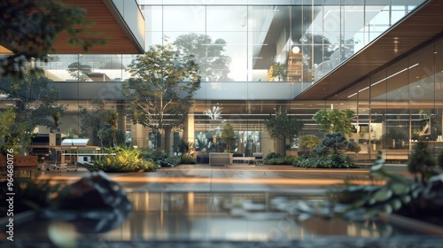 A contemporary office building with glass facades and modern amenities, creating a professional and innovative atmosphere.