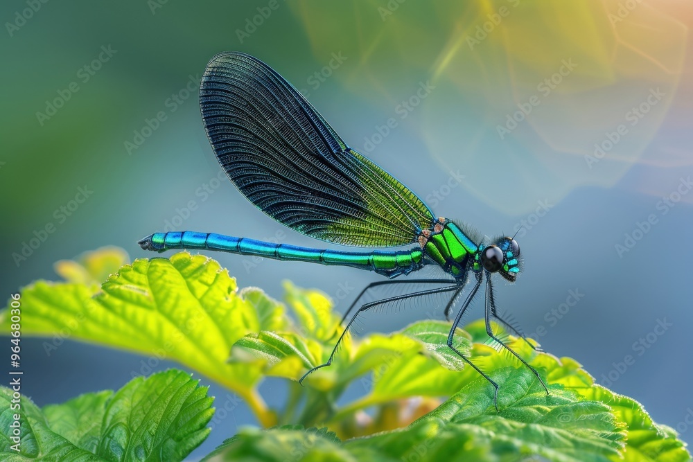 A high-resolution close-up photo of a blue dragonfly perched on a blade of grass, with water droplets glistening on its wings. Beautiful simple AI generated image A high-resolution close-up photo of a blue dragonfly perched on a blade of grass, with water droplets glistening on its wings. Beautiful simple AI generated image