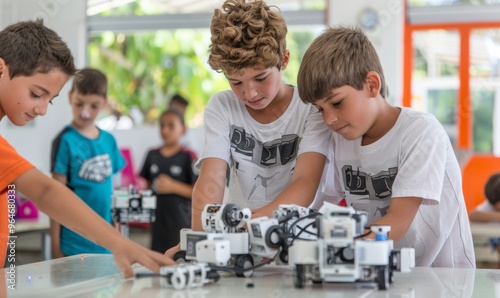 Young Male Students Collaboratively Programming Robots in a Dynamic Tech Classroom during Daytime, Fostering Community and Knowledge Sharing