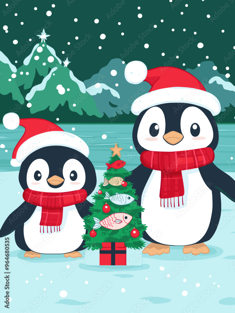 Obraz premium Cute Christmas illustration featuring two penguins in Santa hats and scarves, standing beside a decorated tree and gift in a snowy landscape