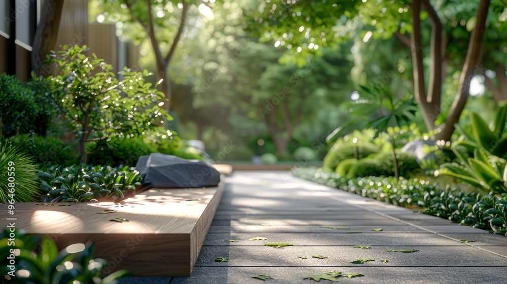 Obraz premium A modern rooftop garden with sleek pathways and lush greenery in a contemporary urban environment, creating a peaceful and refreshing atmosphere.