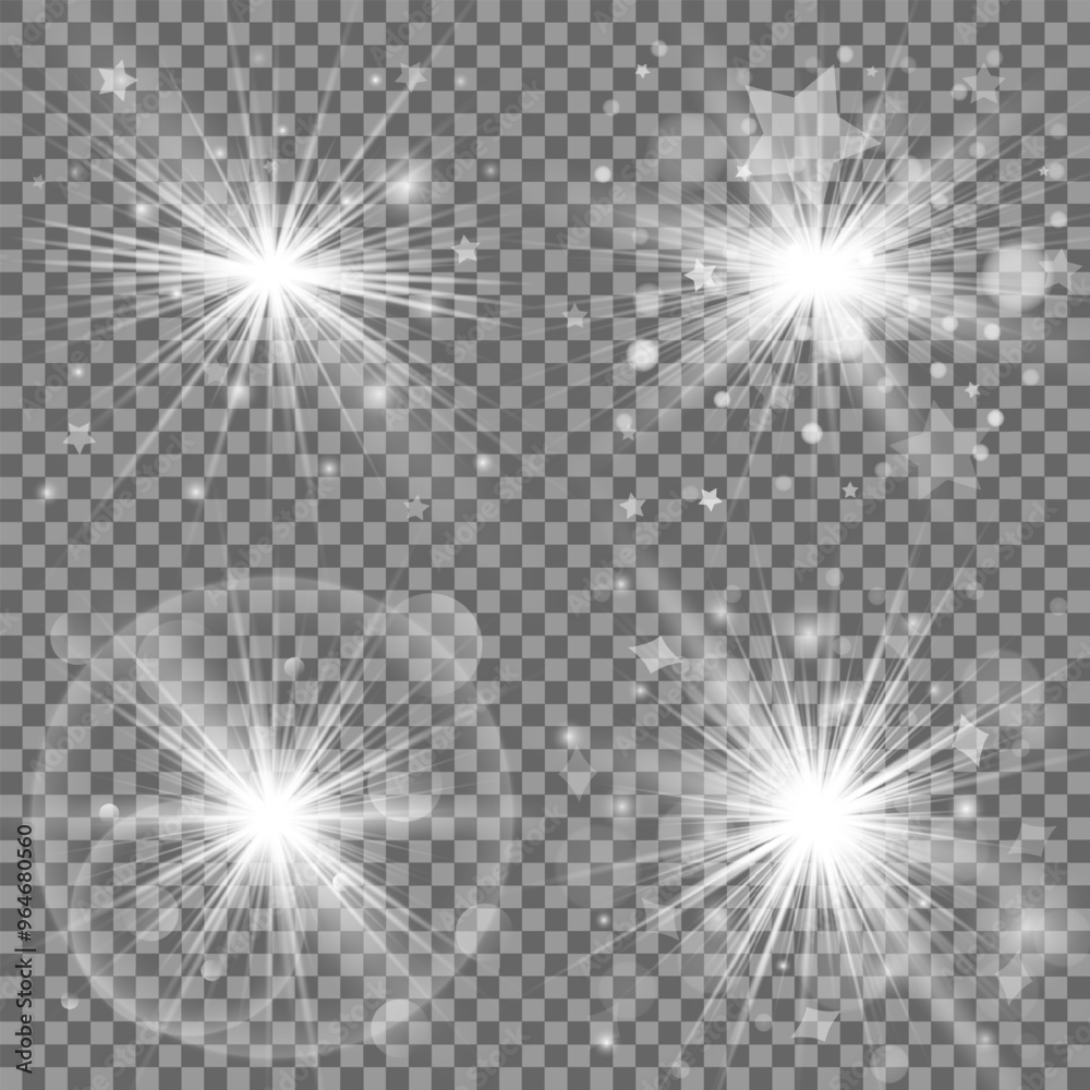 Glowing light bursts with sparkles. Glow light effect set, lens flare, explosion, glitter, line, sun flash, spark and star. Abstract image of lighting flare and white stars. Vector illustration Glowing light bursts with sparkles. Glow light effect set, lens flare, explosion, glitter, line, sun flash, spark and star. Abstract image of lighting flare and white stars. Vector illustration
