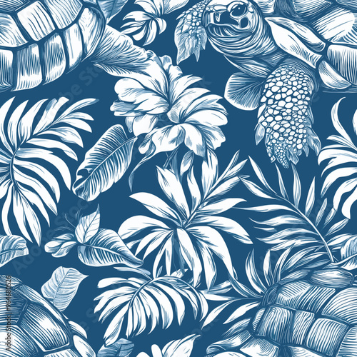 Detailed tropical pattern featuring tortoises and large leaves in a blue and white color scheme, exotic wildlife and foliage seamless pattern