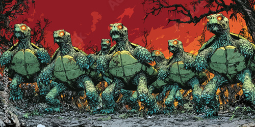 Intense apocalyptic scene of mutant tortoises with glowing eyes, marching forward in a fiery landscape with a red sky