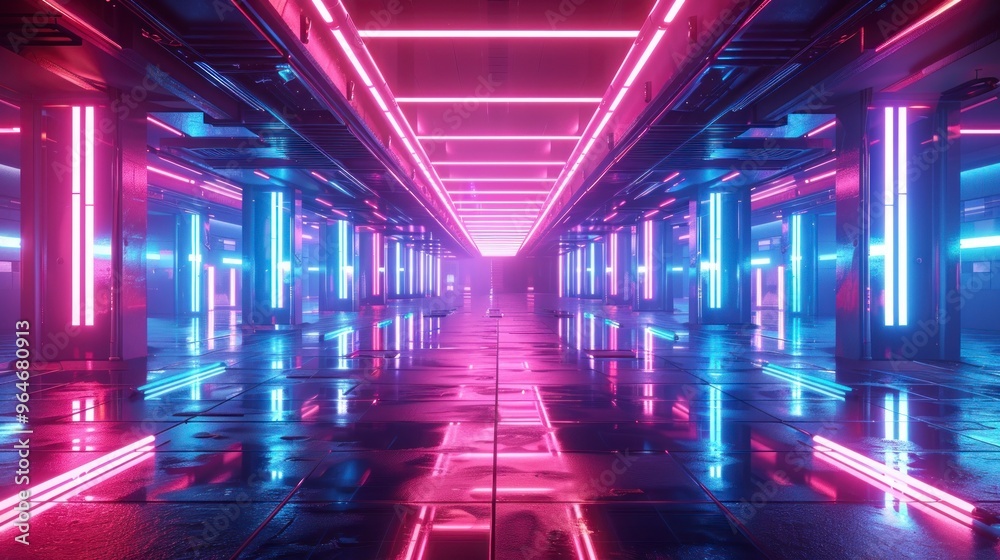 A futuristic building with neon lights and reflective surfaces in a night urban setting, creating a vibrant and technological atmosphere. A futuristic building with neon lights and reflective surfaces in a night urban setting, creating a vibrant and technological atmosphere.