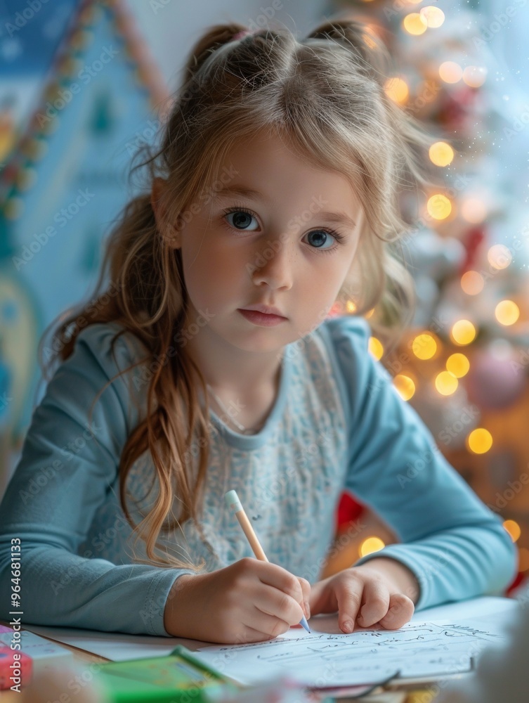 Young Girl Writing Letter to Santa in Pastel-Themed Room with Holiday Decor, Capturing Innocence and Christmas Spirit Young Girl Writing Letter to Santa in Pastel-Themed Room with Holiday Decor, Capturing Innocence and Christmas Spirit