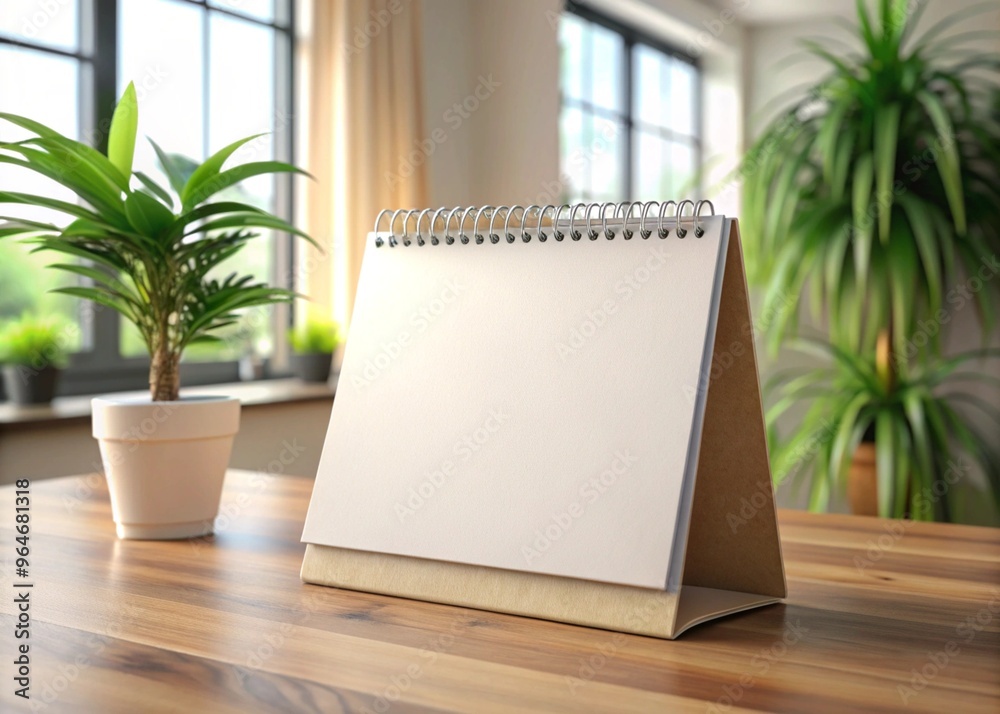 Fototapeta premium Empty spiral desk calendar 3d mock-up in table home and office Blank 3D table calendar. Office and home decor. Bright minimal background photo for your content