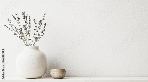 A white vase with lavender flowers sits on a shelf
