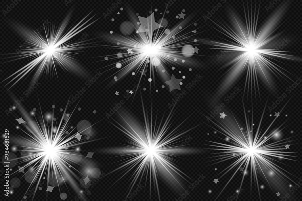 Naklejka premium Glowing light bursts with sparkles. Glow light effect set, lens flare, explosion, glitter, line, sun flash, spark and star. Abstract image of lighting flare and white stars. Vector illustration