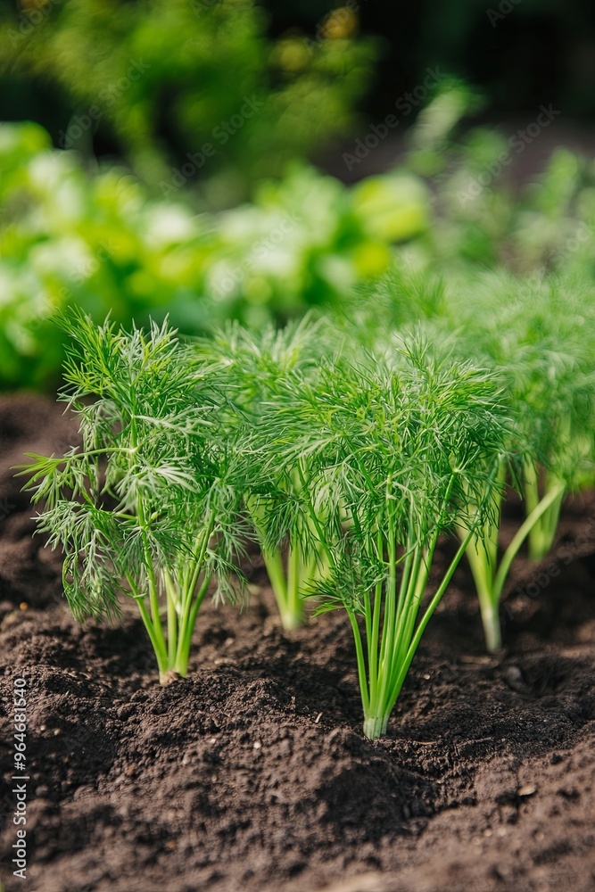 Fresh dill growing in a vegetable bed. An annual herbaceous plant of the Apiaceae family. Growing fresh greens. Green plants in the garden