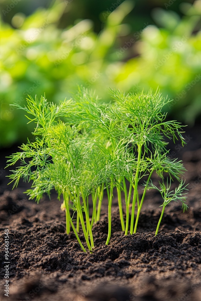 Fresh dill growing in a vegetable bed. An annual herbaceous plant of the Apiaceae family. Growing fresh greens. Green plants in the garden Fresh dill growing in a vegetable bed. An annual herbaceous plant of the Apiaceae family. Growing fresh greens. Green plants in the garden