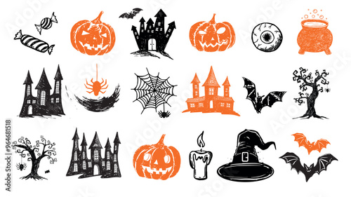 Halloween symbols, bat, pumpkin, tree, hand drawn illustrations	
