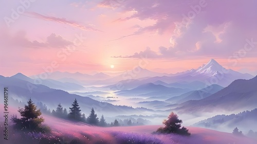 Background landscape, valley filled with trees, a majestic mountain range in the distance, and a beautiful sunset. 