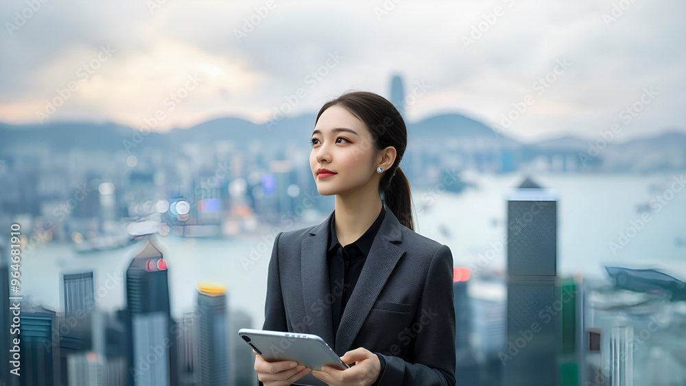 Fototapeta premium A beautiful woman in professional attire, her hand resting on the collar of elegant suit jacket, holding digital tablet with a confident gaze towards distant skyscrapers of Hong Kong skyline.