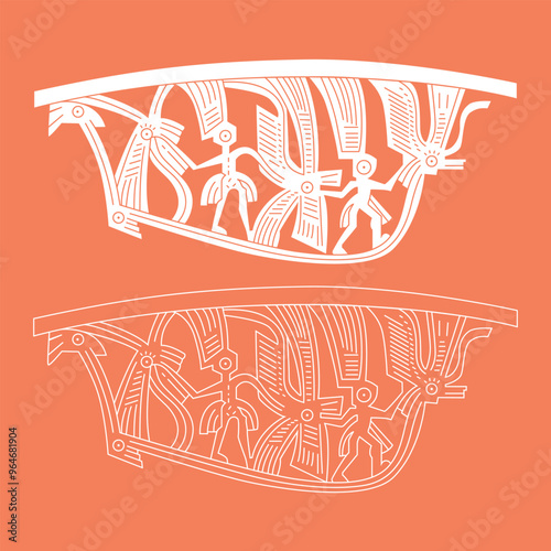 Viet Tribal, Ancient, and Prehistoric time patterns on Quang Xuong drum. Vietnamese decoration, primitive human rowing boat concept, ethnicity, line art. Timeless, old and vintage art, antiquity