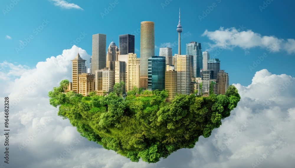 Fototapeta premium A futuristic city, built on a lush green island, floats serenely amidst fluffy white clouds.