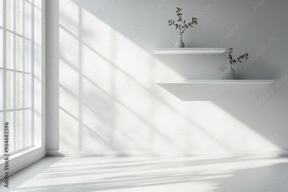 Fototapeta premium A white room with a large window and a white bookshelf, generative ai image