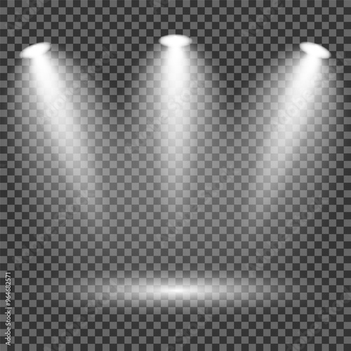 Vector Spotlights.Scene illumination collection, transparent effects.Bright lighting with spotlights.