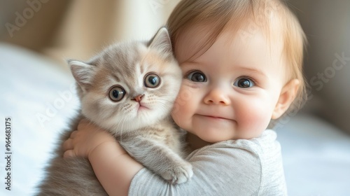 Cute Baby Girl Warmly Hugging a Fluffy Kitten in a Cozy Indoor Setting