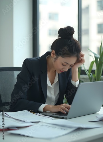 a woman is working on a laptop and she is looking at her laptop