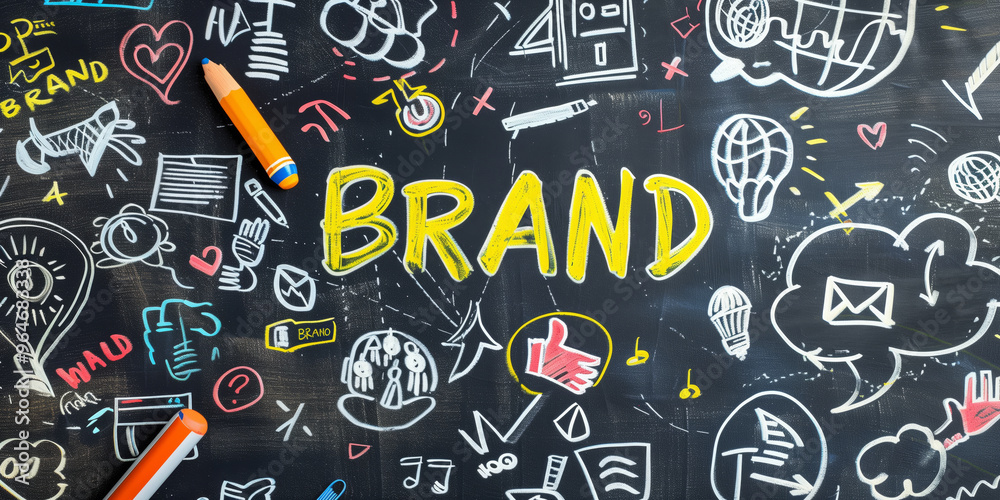 Brand is written on a chalkboard with various drawings and symbols. Concept of creativity and innovation, as well as the importance of branding in the business world Brand is written on a chalkboard with various drawings and symbols. Concept of creativity and innovation, as well as the importance of branding in the business world