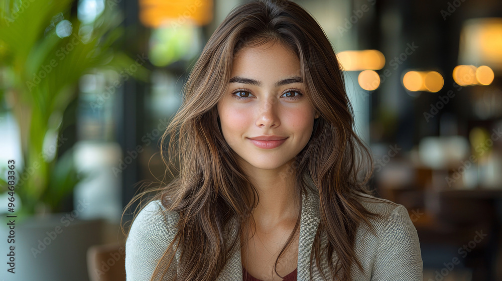 Young Woman With Long Brown Hair Smiles While Seated in a Café During Daytime Young Woman With Long Brown Hair Smiles While Seated in a Café During Daytime