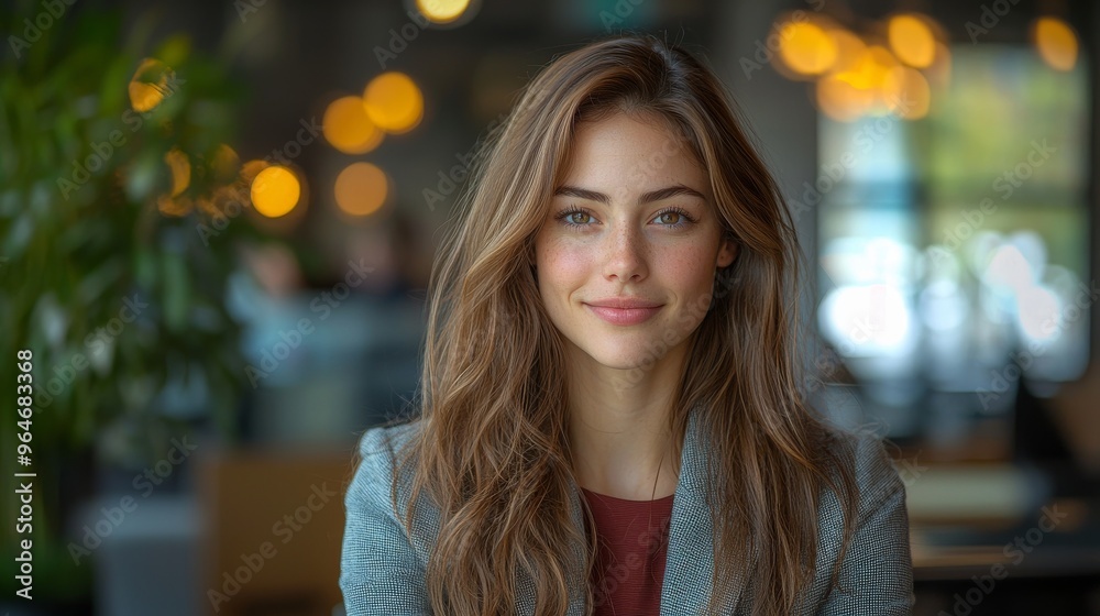 A Young Woman With Long Brown Hair Smiles Confidently in a Modern Cafe Setting A Young Woman With Long Brown Hair Smiles Confidently in a Modern Cafe Setting