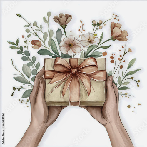 Hands presenting a wrapped gift box with ribbon surrounded by holiday decorations. generative