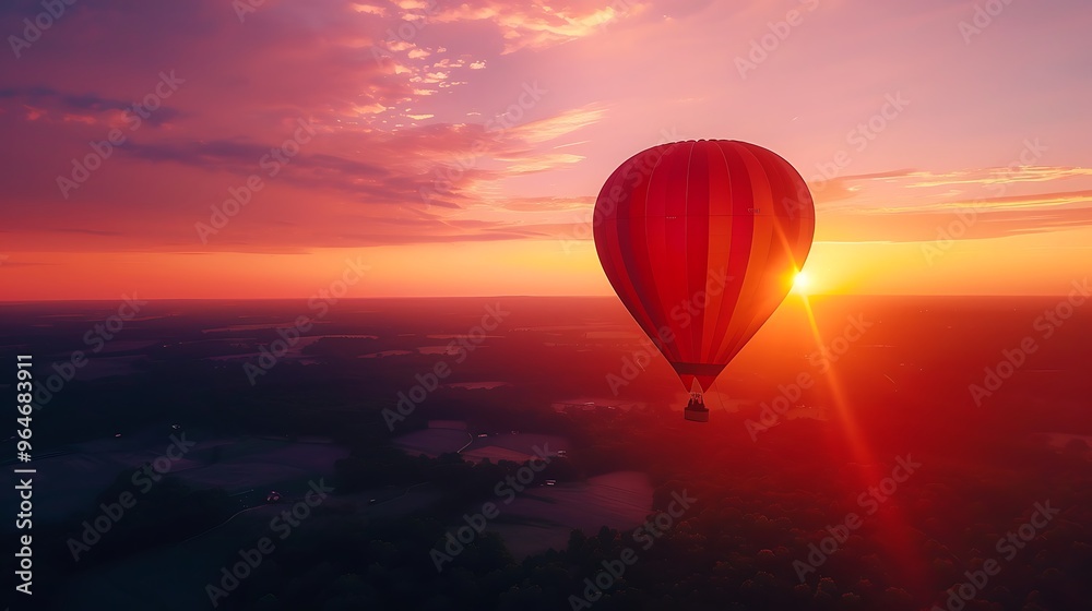 Fototapeta premium Hot air balloon flying high in the sky at sunset.