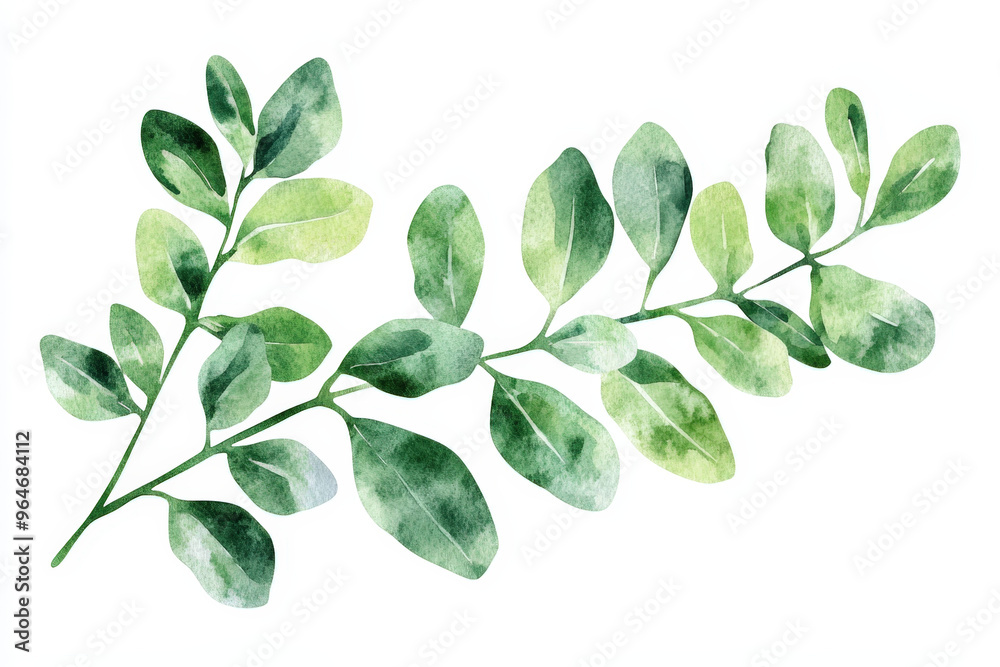 Fototapeta premium Watercolor painting featuring a moringa branch with lush green leaves, ideal for showcasing natural remedies and plant-based wellness