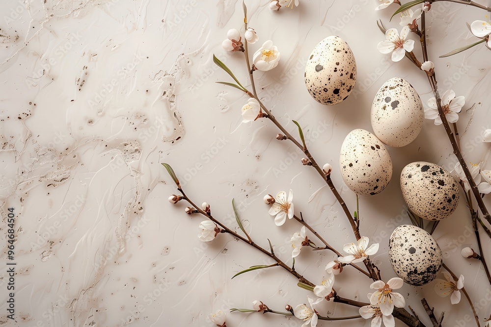Springtime Easter Blooms: A delicate arrangement of speckled eggs nestled amongst blossoming branches on a rustic, light background. Perfect for Easter, spring, or nature-themed designs. Springtime Easter Blooms: A delicate arrangement of speckled eggs nestled amongst blossoming branches on a rustic, light background. Perfect for Easter, spring, or nature-themed designs.