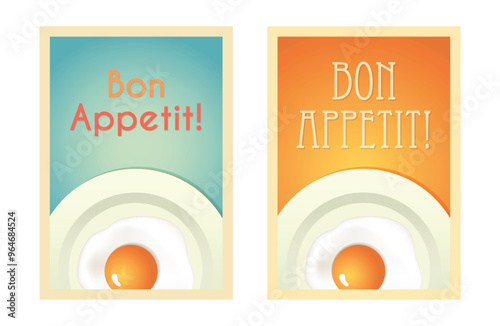Bon Appetit Kitchen Poster Set with Scrambled Eggs on Plate. Vector Illustration