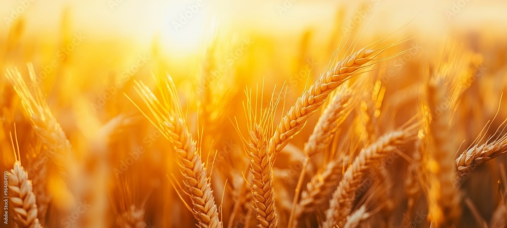 Golden ripe ears of wheat in nature in a summer field in the setting rays of the sun, close-up macro photography. Ultra-wide format. Golden ripe ears of wheat in nature in a summer field in the setting rays of the sun, close-up macro photography. Ultra-wide format.