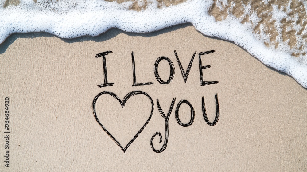 Fototapeta premium I Love You Written In Sand On Beach With Ocean Wave