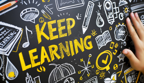 Keep learning written on chalkboard. Concept of knowledge, improvement, development and keeping up the motivation to learn new things in study, school and career.