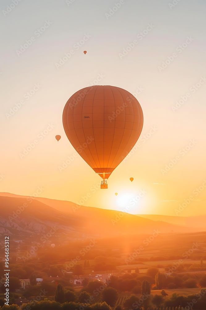 Naklejka premium Hot air balloon flying high in the sky at sunset.