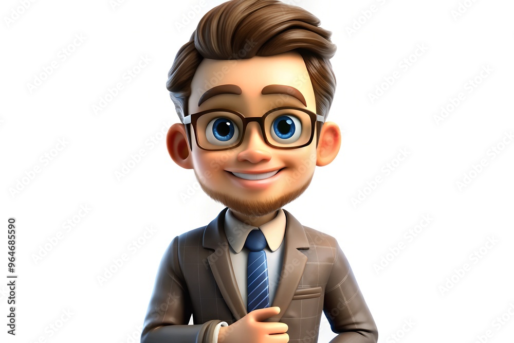 Cheerful 3d cartoon businessman with glasses in brown suit smiling on white background Cheerful 3d cartoon businessman with glasses in brown suit smiling on white background