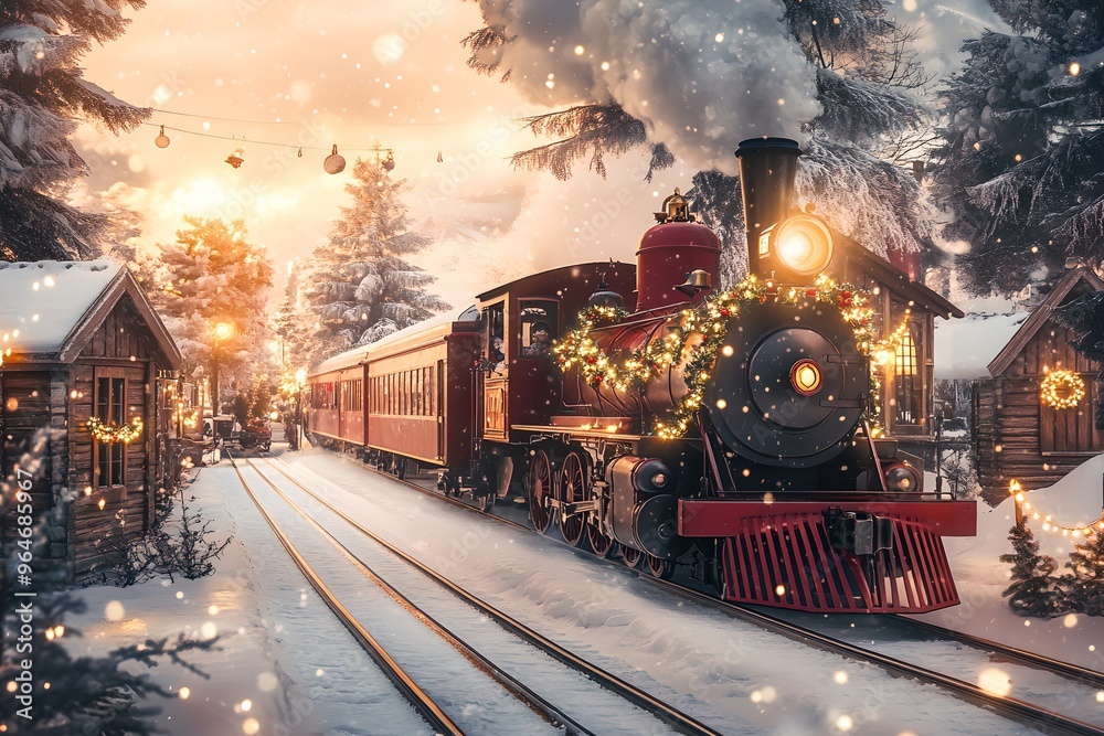 Christmas steam train traveling through decorated snowy town. Vintage winter locomotive. Christmas and New Year celebration. Holiday travel concept. Greeting card, invitation Christmas steam train traveling through decorated snowy town. Vintage winter locomotive. Christmas and New Year celebration. Holiday travel concept. Greeting card, invitation