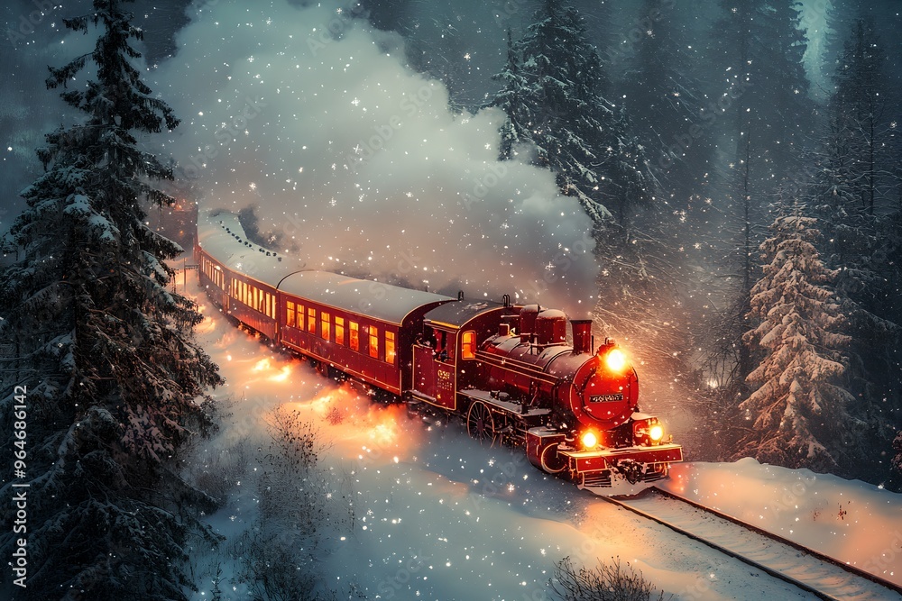 Christmas steam train traveling through snowy forest landscape. Vintage winter locomotive. Christmas and New Year celebration. Holiday travel concept. Wallpaper, invitation, greeting card. Aerial view Christmas steam train traveling through snowy forest landscape. Vintage winter locomotive. Christmas and New Year celebration. Holiday travel concept. Wallpaper, invitation, greeting card. Aerial view