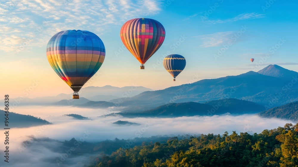 Fototapeta premium Colorful balloons hovering over the mountains at dawn, against a background of blue sky and greenery