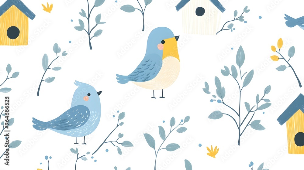 Cute Birds and Birdhouses Seamless Pattern Design Cute Birds and Birdhouses Seamless Pattern Design