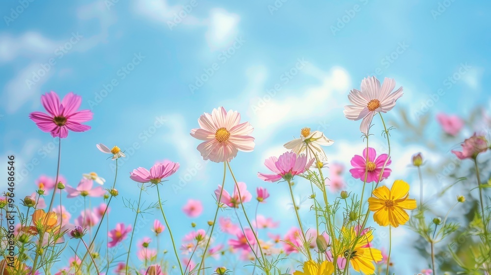 A field of pink flowers with a blue sky in the background, generative ai image A field of pink flowers with a blue sky in the background, generative ai image
